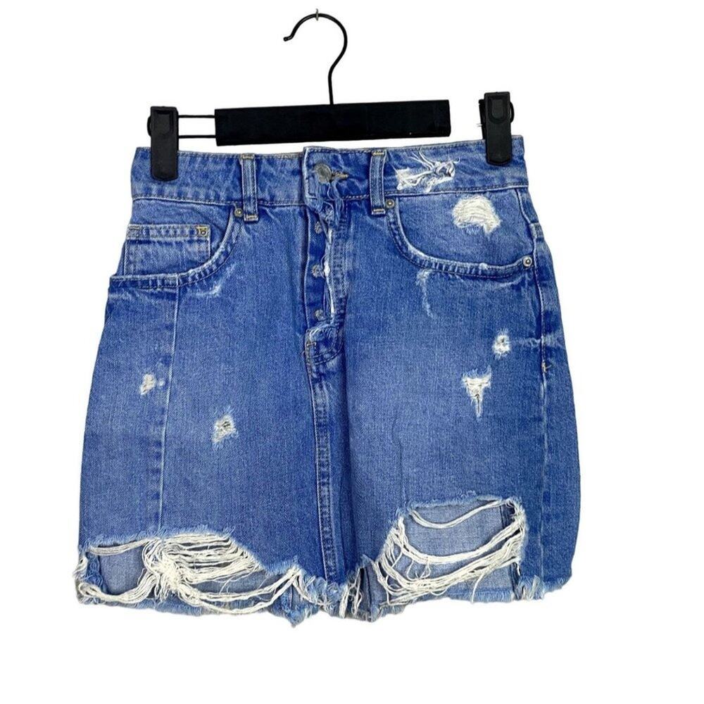 Zara Distressed Raw Hem Mini Cotton Button Fly Skirt 5 Pockets S Blue #3211